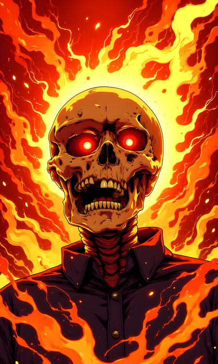 A surreal and abstract representation of a human skull. The skull is depicted in a highly stylized manner, with an open mouth showing teeth and an empty eye socket that adds to its haunting appearance. There are no women or human figures present in the image.
Since the subject is a skull, there is no traditional facial expression. However, the open mouth and the positioning of the teeth give an impression of a silent scream or a grimace, adding a sense of intensity and emotion to the piece.
The skull is positioned upright, facing slightly to the right. It appears to be emerging from a mass of swirling, fiery flames that envelop it, creating a dynamic and dramatic pose.
There are no clothes on the skull itself. However, at the bottom of the image, there is a hint of dark fabric, possibly a shirt or cloak, which suggests that the skull might be part of a larger figure or entity.
The camera position seems to be frontal, capturing the skull head-on. The angle is slightly elevated, looking down at the skull, which enhances the imposing and eerie nature of the subject.
The lighting in the image is intense and dramatic, with a strong emphasis on warm, fiery tones. The light appears to be coming from within the flames, casting bright highlights on the skull and creating deep shadows that accentuate its features. The interplay of light and shadow adds depth and dimension to the image.
The background is dominated by swirling, fiery flames in shades of orange, red, and yellow. These flames create a chaotic and intense atmosphere, almost as if the skull is engulfed in a inferno. The flames have a fluid, almost liquid-like quality, with intricate patterns and textures that add to the overall complexity of the image.
The composition is centered around the skull, with the flames radiating outward from it. The skull is placed slightly off-center, drawing the viewer's attention to its open mouth and empty eye socket. The use of vibrant colors and dynamic lines creates a sense of movement and energy, making the image visually striking and engaging. The overall composition is balanced yet dynamic, with the skull as the focal point and the flames providing a powerful backdrop.
BREAK j_art, <lora:FLUX\jul\J_Anime:1.0>, <lora:FLUX\RetroAnimeS1.1:0.0>, <lora:FLUX\GLSHS:0.0>, <lora:FLUX\Dieselpunk Delight - s0_9 g4:0.0>