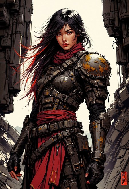 inksketch, stunning oriental female space pirate, messy multicoloured hair, weathered and worn power armour, standing on a spaceship command deck, silhouetted, chiascuro