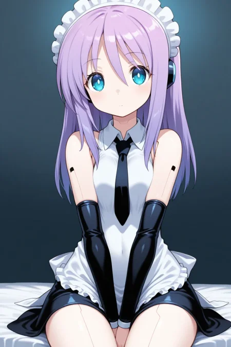 <lora:pugyuru_espel:1>masterpiece, best quality, pugyuru_espel, 1girl, solo,  maid, detached sleeves, necktie, android, purple hair, bule eyes, looking at viewer, cowboy shot, sitting