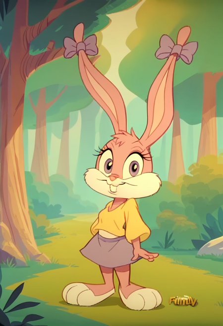 (source_furry, source_cartoon,  score_9, score_8_up, score_7_up:1), solo female, screencap, (chibi:0.5), bunny, bows, shirt, skirt, pink fur, looking at viewer, smile, outdoors, forest