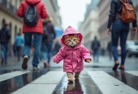 cute little kitten in a pink raincoat forgot to turn off the iron, rushing home, other people around, rain, hyper-detailed, vivid colors, high res, hyper-detailed, ultra-sharp, professional photo