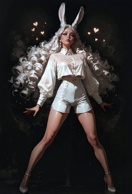 score_9, score_8_up, score_7_up,  1girl, silver hair, long hair, curly hair, hearts, viera, blue eyes, rabbit ears, standing, legs apart, white shirt, silk shirt, white shorts, full body, black theme, black background  <lora:pony/twilight_style:0.8> concept art, realistic  <lora:pony/expressiveh:0.8> expressiveH <lora:sdxl/sinfully_stylish_sdxl>