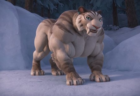 Muscle, bigger_muscles, large_muscles, hyper_muscles, huge_muscles,hyper muscles, huge_muscles, biceps, sassier, hot, larger_biceps, muscle_fur, Furry muscles growth,Furry hyper muscles biggest, enormous_muscles, huge_biceps, huge_pecs; huge_muscles, gigantic_muscles, flexing her pecs, score_9, score_8_up, score_7, score_6_up, score_5, 
snow and ice and forest walls in background, solo,
<lora:J_cartoon:0.6>
 <lora:Furry_Lora_Shira_Ice_Age:0.6>
BREAK
(shira:1.2, saber-tooth tiger),  fangs, green eyes, ice age, furry body, silver-grey fur with black stripes, 
smiling at viewer