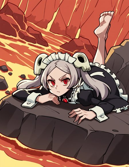 score_9, score_8_up, score_7_up, source_anime, <lora:skullgirls-marie-ingame-ponyxl-lora-nochekaiser:1>, marie, hair ornament, red eyes, twintails, skull, skull hair ornament, grey hair, forehead,, apron, maid, maid headdress, long sleeves, wrist cuffs,, volcano, lava, rock, fire, smoke, , <lora:the-pose-ponyxl-lora-nochekaiser:1>, the pose, on stomach, feet up, lying, soles, feet, legs up, head rest, barefoot, looking at viewer, solo,, dutch angle, cowboy shot