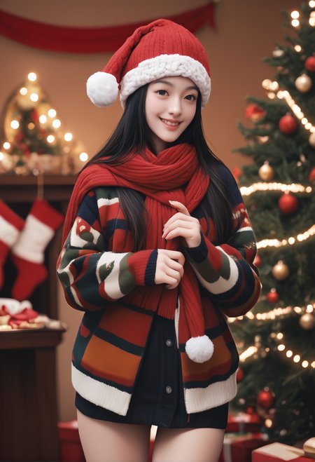 1girl,,ruanyi1386,beanie,striped clothes,red scarf,christmas,standing,thigh gap,christmas tree,blurry background,smile,<lora:1386 christmas_v1_pony:1>, score_9,score_8_up,score_7_up,,8k,solo,,