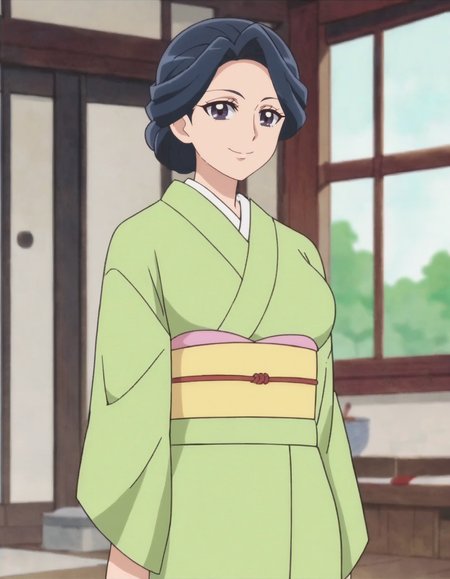 score_9, score_8_up, score_7_up, anime screencap, solo,1girl, sawaizuminao,japanese clothes,  green kimono, looking at viewer,  obi, smile,large breasts,huge ass,cowboy shot<lora:sawaizuminao_pony:0.8>