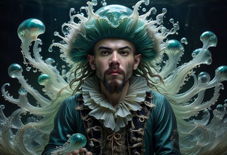 long mid shot portrait photography of an ethereal young  pirate man, fairytale aesthetic. light green sheme, Photorealistic, intricate details, realism, sfw, ultrasharp, photography, floating, water, under water, jellyfish, haute couture, tentacles, bioluminescence