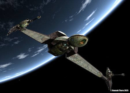 Klingon bird-of-prey, A highly detailed, realistic CGI image of a futuristic spaceship flying over a planet, with the Earth visible in the background. The spaceship has a sleek, metallic design with a metallic sheen, and its wings are spread wide as it soars through the sky. The sky is a deep, dark blue, with a few clouds scattered across it. The Earth is a bright, blue-green color with a smooth, reflective surface. The perspective is from below, looking up at the spaceship. The image has a high level of detail and realism.<lora:_Flux\Klingon_Bird_of_Prey.safetensors:1.0:1.0>
