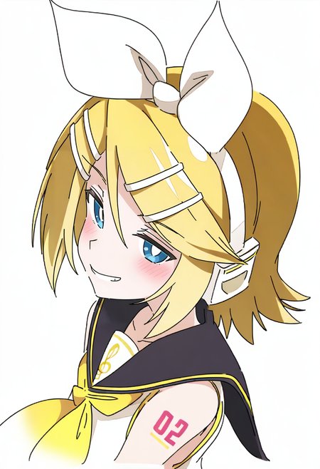 1girl, kagamine rin, solo, blonde hair, bright pupils, white pupils, hair ornament, hairclip, smile, sailor collar, blue eyes, short hair, looking at viewer, sleeveless, upper body, treble clef, tattoo, grin, headphones, shirt, bow, sleeveless shirt, hair bow, white background, blush, shoulder tattoo, neckerchief, bare shoulders, headset, yellow neckerchief, white bow, black sailor collar, white shirt, half-closed eyes, simple background, bangs <lora:ixyXL_NBVP1_lokr_V6311PZ:0.95>