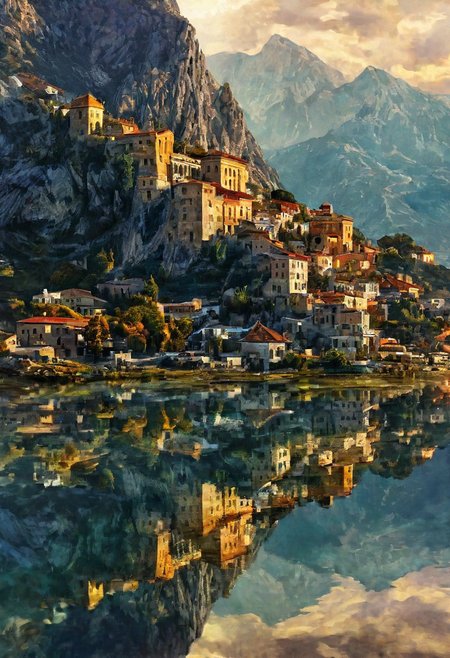 their peaks veiled in mist. mixed media, surrealism, great lighting, A surreal landscape highly detailed . extremely high-resolution details,  appears trapped in an optical illusion of reflections and refractions colorful , mountains and village in Ancient Greece , professional photography, natural lighting, volumetric lighting maximalist. intricately detailed, complex, elegant, expansive, fantastical, film photography style,  medium grain
 (8k uhd:1,4)
 <lora:add-detail-xl:1>
 <lora:Dynamic Poses:1>
