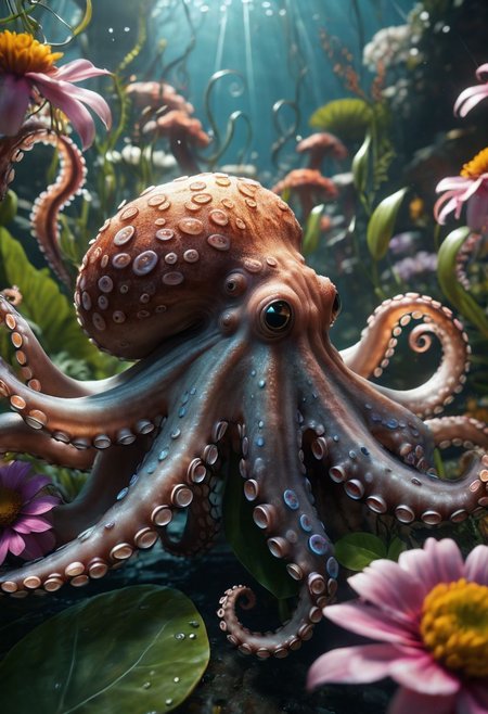 best quality,high resolution,extremely detailed,8k,dynamic angle, unreal 5 engine,creative,unconventional cinematic realism  demonstration masterpiece inspired by floral nature,huge busy scene with an octopus