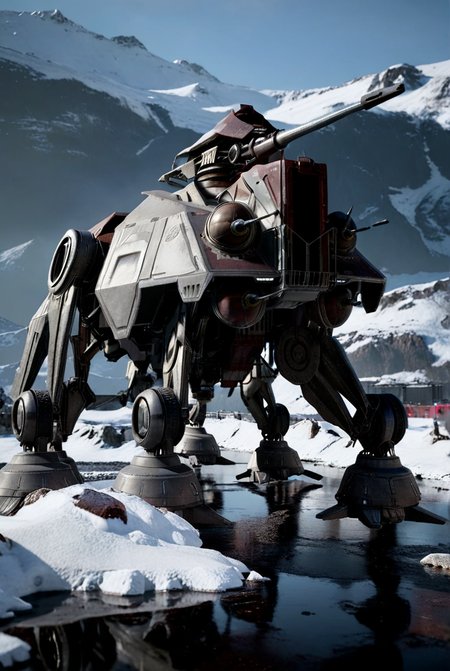 7-ATTE, at-te, dark lighting, snow, mountains  [walker, mecha, giant, field of view, accurate proportions, sharp image]  [reflections, accurate lighting, shadows, realistic, high quality photo, 4k, hd, smooth metallic surfaces, render, cgi]