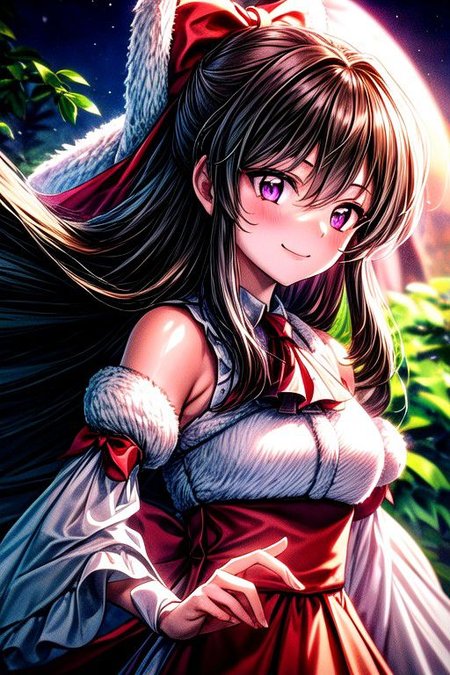 masterpiece,  best quality 1girl Setsun4 solo long hair,  (night time) forest background black hair very long hair purple eyes multicolored hair armor (fur trim) (medium body),<lora:EMS-179-EMS:0.800000>,<lora:EMS-293862-EMS:0.800000> bow, hair_bow, hair_tubes, red_bow, brown_hair, long_hair, bangs, sidelocks, ascot, brown_eyes, frilled_bow, yellow_ascot, blush, smile, hair_between_eyes