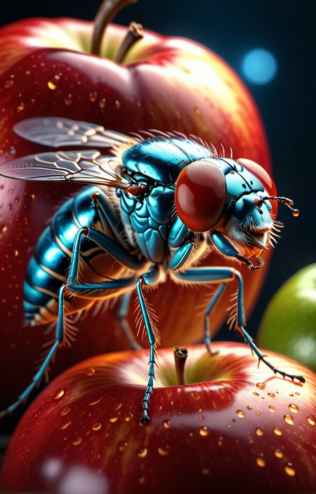 cinematic film still microshot of a fruit fly on an apple,extreme detail,amazing focus and sharpness,intricate, glow effects, godrays, Hand drawn, render, 8k, octane render, cinema 4d, blender, dark, atmospheric 4k ultra detailed, cinematic, Sharp focus, big depth of field, Masterpiece, colors, 3d octane render, 4k, concept art, trending on artstation, hyperrealistic, Vivid colors, extremely detailed CG unity 8k wallpaper, trending on CGSociety, Intricate, High Detail, dramatic . shallow depth of field, vignette, highly detailed, high budget, bokeh, cinemascope, moody, epic, gorgeous, film grain, grainy