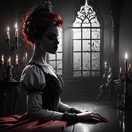 Victorian vampire haven, ornate gothic architecture. Candlelit interior, velvet drapes, ancient tomes. Pale figures in period dress, eyes glowing red. Chiaroscuro lighting, deep shadows, mist creeping along floor. Baroque details, blood-red accents, sinister atmosphere. core_9, score_8_up, score_7_up,   <lora:ArsMorph_-_World_of_Darkness_Pony:1> ArsWorldOfDarkness,