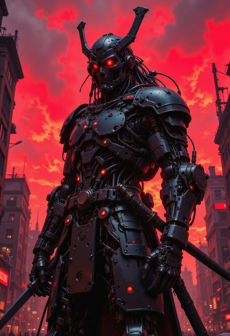 CAICO, detailed photorealistic image, a_skynet_cyberdyne_craft, the image is featuring a cyberdyne cyberpunk samurai robot, with samurai helemt, glowing red eyes, shiny tungsten armour, adorned with intricate, metallic details, including bolts, wires, and mechanical components, giving it a highly advanced, industrial military look, holding a katana, standing on a smoky city street with ruins. The sky is an ominous red, with stormy clouds, sunset