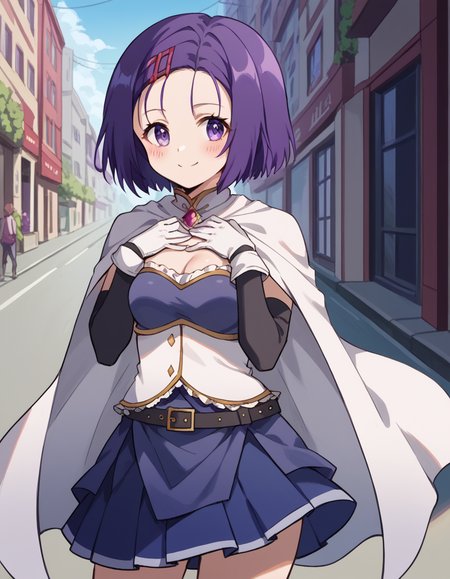 score_9, score_8_up, score_7_up, source_anime, <lora:haruna-sairenji-darkness-ponyxl-lora-nochekaiser:1>, haruna sairenji, hair ornament, hairclip, purple eyes, purple hair, short hair, swept bangs, forehead, medium breasts, <lora:miki-sayaka-cosplay-ponyxl-lora-nochekaiser:1>, miki sayaka cosplay, miki sayaka (cosplay), belt, black sleeves, blue skirt, cape, cosplay, dress, gloves, gem, skirt, sleeveless, sleeveless dress, white cape, white gloves,, streets, outdoors, smile, blush, hands on own chest, cowboy shot, looking at viewer,