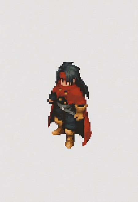 masterpiece, best quality, solo, 1boy, <lora:Vincent-valentine-illus_Fp:1>, vincentff7, black hair, red eyes, long hair, red headband, red headband, red cloak, buckle, black shirt, black pants, single gauntlet, multiple belts, single fingerless glove, armored boots,  <lora:FFT-Sprites-illus_Fp:1>, looking at viewer, from side, full body, standing, solid oval eyes, no mouth, no nose, pixel art, simple background, white background,