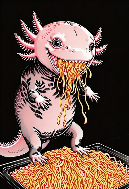 skstyle, horror (theme), highly-detailed, best quality, masterpiece, very aesthetic,  axolotl, solo, cute, eating spaghetti, black background