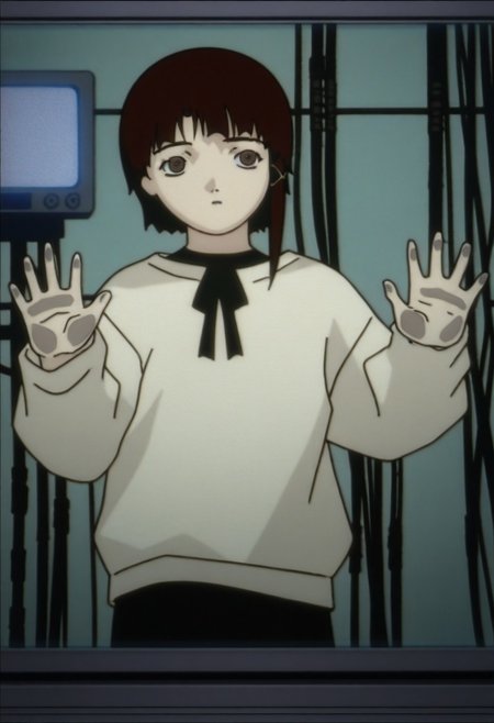 1girl,  iwakura_lain_\(sel\), oversized tan shirt, neck ribbon, black skirt, Old TV screen, against glass, hands on glass, film grain, vhs, cables,