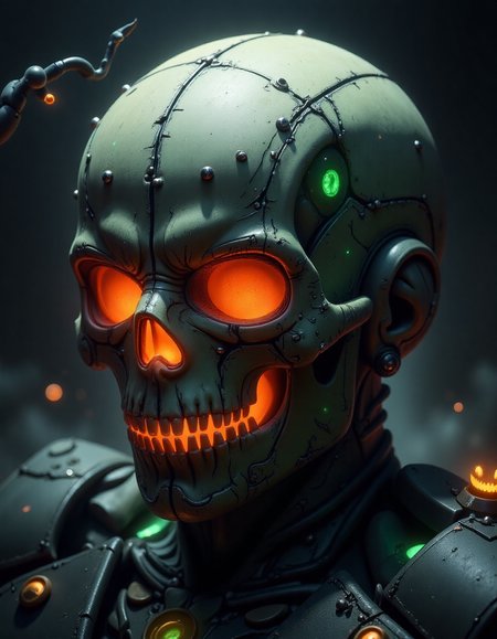 spooky halloween , a green and orange  skull, in the style of hall0w33n