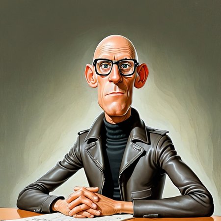 cartoon of (michelfoucault:1.3) man, turtleneck, unbuttoned black leather biker jacket, bald nerd, , (  donmartin style:1.2)  ( caricature:1.3), HQ, high resolution, ,  solo,  fisheye lens closeup, extremely  Boredexpression ,  hyper-realistic,  upper body, arms and hands,  detailed eyes, by don martin, plain dark background, rim lighting, vignette <lora:DonMartin_StyleXLv7.0-000024:0.75>   <lora:michelfoucaultXL_10-17-23_v1.6:0.9>