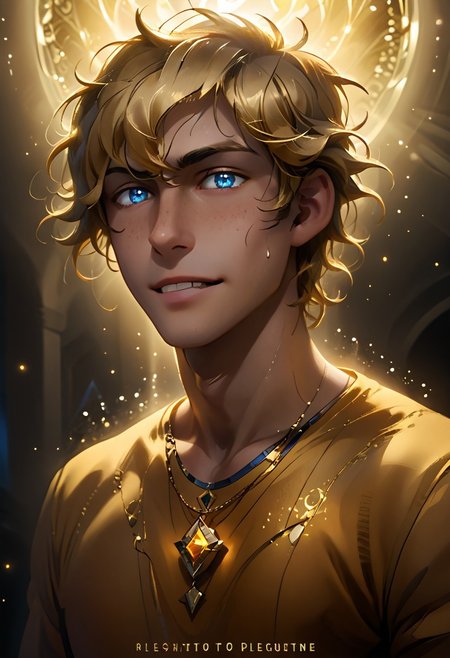score_9, score_8_up, score_7_up, masterpiece, (((1boy, manly, male focus))), Will Solace, blonde hair, shaggy hair, (blue eyes), best quality, of a divinely handsome demigod standing before the golden sun, (breathtaking cover image:1.1), necklace with colorful beads, tanned skin, freckles, masterpiece quality, face full of freckles, chiaroscuro, low-key, (divine summoning background:1.1), very aesthetic, (ascension pose:1.15), iridescent, rating: explicit, BREAK loving look, serene smile, toned muscles, orange toga, athletic figure, blushing, sun theme, arousing, sensual, sweaty, saliva, (holy glow silhouette:1.1), glittering blonde hair, floating hair, BREAK (fiery clothing effect:1.2), majestic, (realistic detailed skin:1.15), (amazing detail:1.1), bokeh, light particles, depth of field, golden, zPDXL2, glowing eyes, (dark:1.2), ultra-highres, 8k, mystical aura, atmospheric, dramatic composition, triadic colors, perfect contrast, fantasy, ((sapphire eyes)), Greek temple background, Expressiveh, looking at viewer, view from below, fantasy_toga