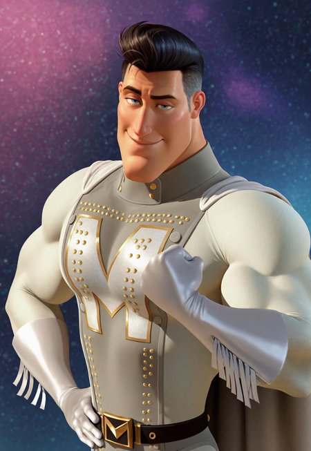 masterpiece, best quality, amazing quality, detailed background, intricate details, dynamic, cinematic, animated, anime realistic shading, solo, male focus, 1boy, handsome, m3tr0, dark hair, white sideburns, pompadour, blue eyes, muscular male, upper body, white and grey bodysuit, cape, white gloves, white boots, fringed gloves, fringed boots, belt, sultry look, flirting with viewer, smug, hand on hip, flexing, abstract background