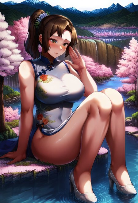score_9, score_8_up, score_9_up, masterpiece, high quality, highly detailed, clean face, 1woman, 1girl, solo, shiny skin, soft focus, ray tracing, (ultradetailed background), (detailed face:1.2), ultradetailed face, mother_sv, brown hair, , ponytail, cute, eyelashes, flower, hair flower, hair ornament, hair ornament on hair, ruanyi0604,silver dress,china dress,floral print, silver high heels, no chibi, f<lora:(p)NiceNature:1> <lora:loraeyesxl:0.5>, larger than mountains, towering over mountains, bigger than mountains, taller than mountains, big breasts, giantess full body shots, giantess, giant, goddess, divine goddess, size difference, proud expression, blushing, long legs, perfect arms, perfect hands, perfect face, perfect legs, perfect thighs, perfect feet, perfect eyes, extremely beautiful, sexy, scenery, mountain valley background, city landscape, in a city, surrounded by buildings, houses, tall skyscrapers, dirt road, trees, forests, cherry blossoms, blue sky, mountains, fantasy, landscape, <lora:giantess:1>, sitting, forests, lake of water, giga giantess, gts, gigantic body, cliff, giantess sitting on a mountain cliff, water ripples, looking down, position at a the right,