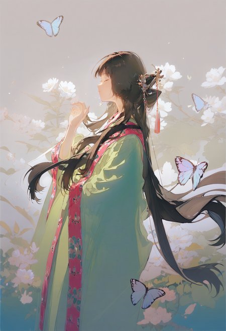 masterpiece, best quality, <lora:REDUMXLANI31lokrV53P1-000121:0.95>  1girl, long hair, solo, butterfly, bug, hair ornament, hanfu, chinese clothes, flower, profile, from side, black hair, long sleeves, closed eyes, closed mouth