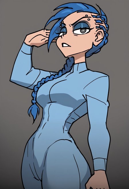 score_9, score_8_up, score_7_up, anna, fellatrix style,
solo,1girl ,breasts, braid, blue hair, long hair, braid,great shading,,open eyes, eyeshadow, blue eyeshadow,makeup,, eyebrow piercing, piercing, 
blue motosuit, 
standing pose, looking at viewer, full body
gray background,
