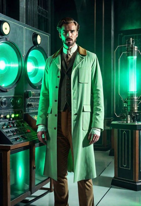 Retro futuristic Male Scientist wearing a pale green lab coat with light walnut pants and vest, in a gothic classic cinema Laboratory