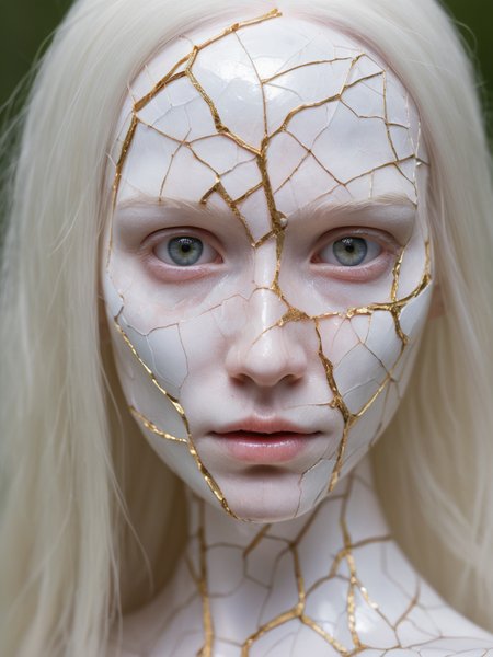 portrait of a doll with porcelain kintsugi skin, cracked skin, shattered porcelain skin, deep fine cracks, kintsugi, soft focus, half body editorial shot, detph of field, uncanny, long white hair, stunning perfect shining eyes, pale skin, shy smile, intricitaly hyperdetailed, amazing depth, expansive details, cracked surface, iridescent surface, Anna Dittmann, Dominic Qwek, complex masterwork by head of prompt engineering  <lora:d3qck artstyle:0.9>   <lora:Anna_Dittmann_Style_XL0.81>