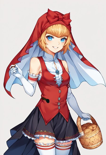 score_9, score_8_up, score_7_up, source_anime, BREAK, solo, 1girl,  <lora:DDLC-pdxl_Fp:0.8>, standing, smile, simple background, looking at viewer, cowboy shot, <lora:Idun-pdxl-DoRA_Fp:1>, idunnsmt, short hair, blonde hair, blue eyes, veil, red bow, red dress, vest, frilled skirt, white gloves, elbow gloves, white thighhighs, smile, bare shoulders, miniskirt, black skirt, basket,