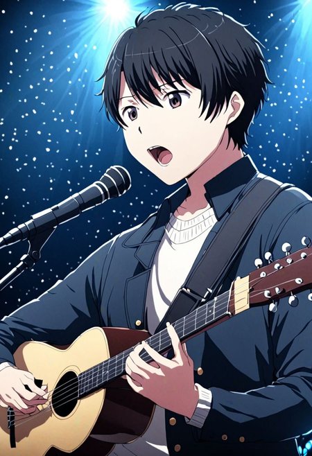 high resolution, solo, best quality, 1Boy, Inaho Kaizuka, Black Hair, singing, portrait, dept of field, virtual concert, playing musical instrument, OverallDetail