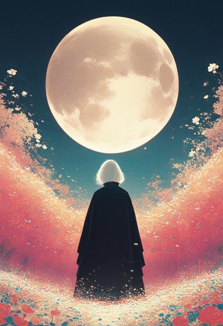 zPDXL3, 1woman, robe, moon, flowers, white skin, highly detailed,   high resolution, best quality, sharp quality,  clear quality, High-definition, smooth image, bright colors, vibrant colors, colorful, clean lines,