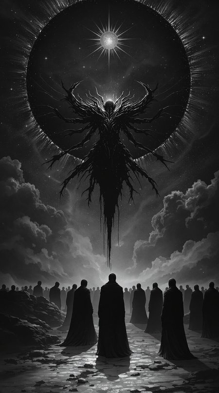 Black Sun,  lonely human figures, backs turned, faces obscured, cloaked in shadow, a splendid matte painting by Nekro