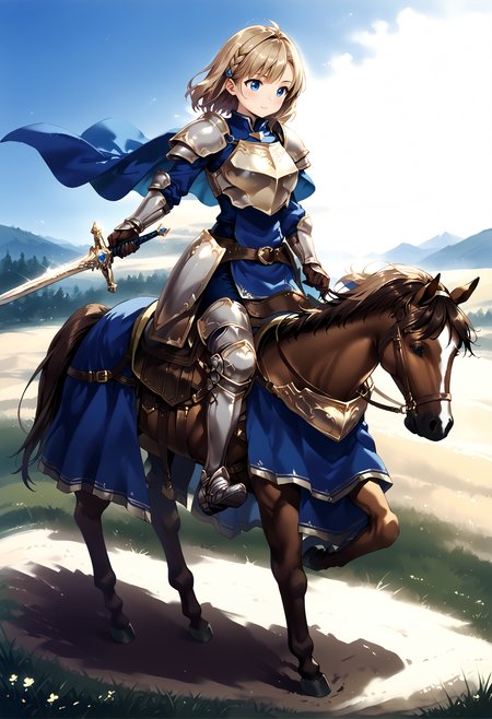 zPDXL3,extreme detailed,full_body BREAK nature,field,
<lora:Pony_DetailV2.0:1> BREAK 1girl,Cavalier,armor,cape,gloves,horse,horseback riding,(holding sword:1.4),<lora:cavaliar-v3-pony:0.9>,