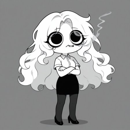 Xiaro, 1girl, solo, monochrome, big eyes, long wavy white hair, white short-sleeved office shirt, black skirt, black pantyhose, black heels
 Xiaro smoking with his arms crossed, dark circles under his eyes. Cartoon