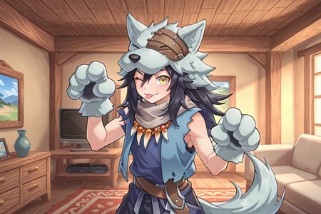 <lora:FlunkyIL:0.8> , fludef, 1boy, black hair, long hair, yellow eyes, wolf hat, wolf hood, wolf pelt, wolf tail, grey scarf, bandana around neck, necklace, tooth necklace, fur trim, blue vest, torn clothes, paw gloves, cowboy shot, ((paw pose)), indoors, living room,  smile, winking, :P, solo, looking at viewer, masterpiece, very aesthetic, absurdres, best quality, amazing quality, high resolution, detailed background,  <lora:illustrious_quality_modifiers_masterpieces_v1:0.8> , <lora:ChamIllustriousBackgroundEnhancer:0.5>