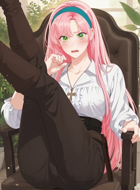 score_9_up, score_8_up, score_7_up, (Anime_source), open mouth, in garden, looking at viewer,<lora:Ailette_Rodeline_-_The_Perks_of_Being_an_S-Class_Heroine-PONY-Kaleid:1>ailette rodeline, long hair, pink hair, eyes green, 1girl, necklace, bangs, braid, hairband (large breasts:1.3) belt, brown pants, gloves, thigh boots, white shirt, sitting on chair, legs up, (facing viewer:1.5), (4k), embarrassed, blushed