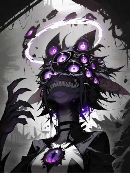 masterpiece, best quality, newest, highres, absurdres, 
 <lora:Eldritch_horror_concept_LoRA:1.2> 1uxfer0, head, (destroyed head:1.6), extra eyes, (halo:1.4), (extra eyes background:1.2), teeth, (sharp teeth:1.5), tongue,  __drakopa__, 
1girl, (solo:1.2),  small breasts, looking at another, dynamic pose, portrait, 
outdoors, 
<lora:Dramatic Lighting Slider:3.5>