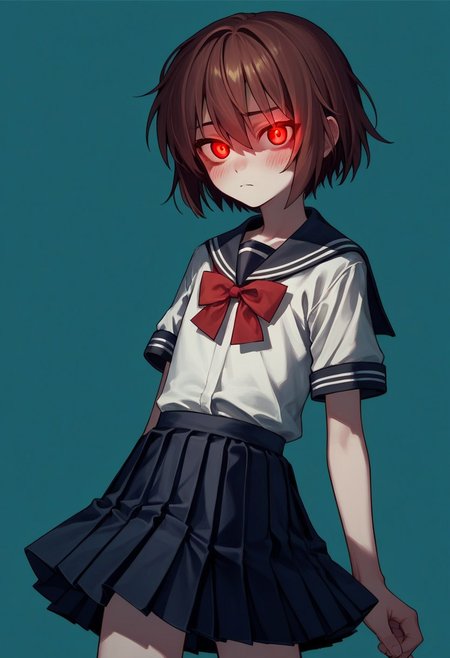 Chara,canon, red eyes, brown hair, short hair, blush, red eyes, young, skinny, source_anime,score_9, score_8_up, score_7_up,1girl, solo, androgynous, glowing eyes, school uniform, skirt, shirt,