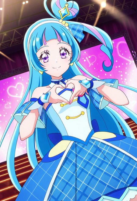 general,highres, ultra-detailed,very aesthetic,best quality ,best hands,best eyes,easynegative,
dynamic anglre, dutch angle, anime cloring,anime screencap,
1girl solo,looking at viewer,concert hall,light,on stage,heart shaped hands,smile,
Cure Wink,light blue hair,long hair,hair ornaments,hair ribbon,blue ribbon,small breasts,purple eyes,hairband,white band,earrings,multicolored hair,jewelryes,idol costume,