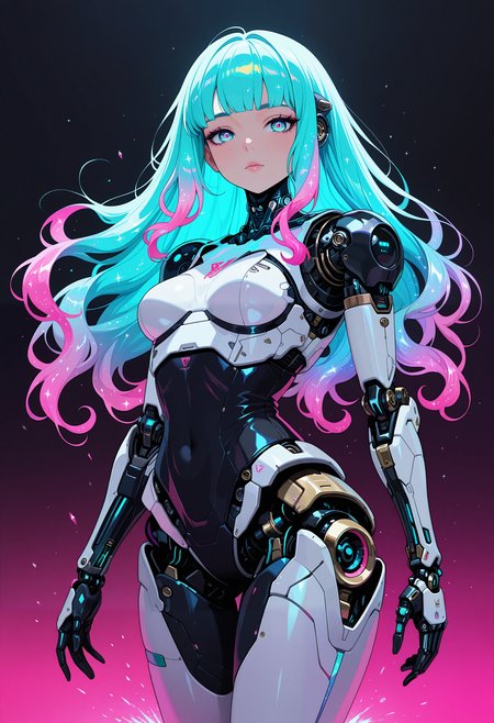 masterpiece, best quality, good quality, very aesthetic, absurdres, newest, 8K, depth of field, 1girl, android, flowing glitter hair, neon hair, holofoil, flying