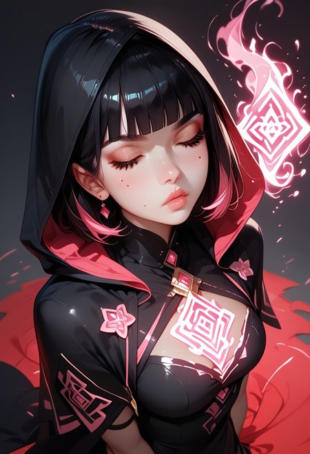 score_9, score_8_up, score_7_up, score_6_up, score_5_up, score_4_up, 1girl,Sarah, SarahRH, short black hair, bob cut, straight hair, blunt bangs, dyed bangs (pink), (pink) streaked hair, dark eyes, cute face, beautiful lips, medium breasts, curvy, large hips, pale skin, mole under her eye, moles on her body, warpaint on face, closed eyes, serious face, magic ritual, black cape, hood, rune magic, magic aura, dark atmosphere, fantasy scenario, witch, sorceress, jewels, shiny, glowing gems, front view, full body shot, perspective, high angle view, dynamic angle, magic aura from own hands,