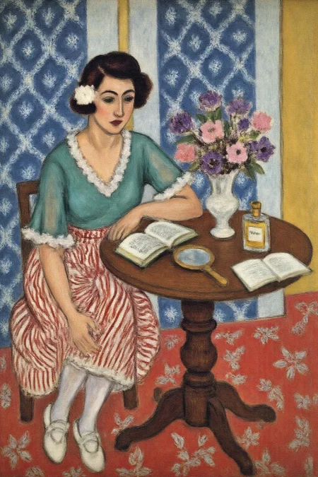 henrimatisse1 painting. 
A woman seated at a round wooden table. She is dressed in a green top with white lace trim, a red-and-white striped skirt, and a pair of white socks and white shoes. Her hair is styled in a short, voluminous fashion, with a white flower pinned to her hair. She is reading an open book lying on the table. Her arm is resting on top of the table. On the table, there is a white vase with pink and purple flowers, a handheld mirror, and a perfume bottle. The background features a blue and white patterned curtain, and the floor is covered with a red carpet that has a floral design. <lora:henrimatisse1_f16e11:1.0><lora:870737307731277496:0>