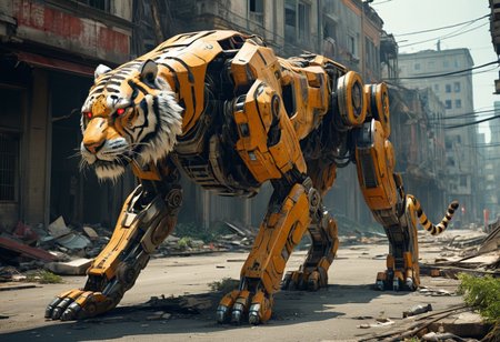 masterpiece, best quality, good quality, a giant robotic tiger walks the streets of a crumbling city. Science fiction, tiger, robot joints, no humans, glowing, red eyes, surreal, cinematic, natural lighting, city, street, mecha, rubble, crumbling building, overgrown, nature reclaiming an abandoned city, cityscape, post apocalypse,