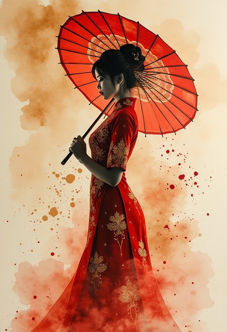 Expressive Watercolor Ink Wash, Inkplash art on rice paper, sepia, henna , Silhouette Art, magnificent, young Asian woman in a red and gold cheongsam, holding a red wax parasol, abstract background, bokeh