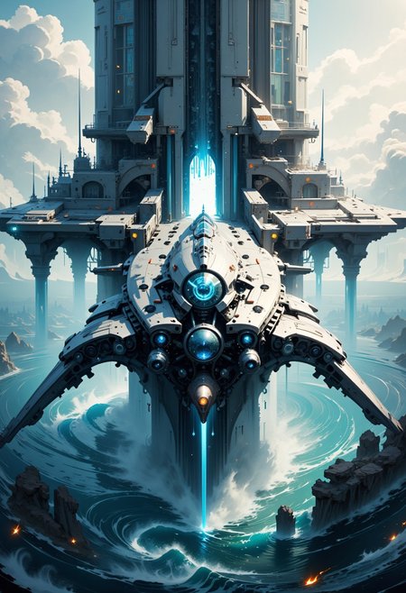 A massive, sleek flying mechanical ship approaches a futuristic skyscraper docking station hovering high above the Ocean waves. The ship's metallic hull gleams under the sun, reflecting shades of silver and dark chrome, with intricate mechanical wings humming as they adjust their position for landing. Rows of glowing thrusters on its underside gently pulse, guiding the vessel with precision.
The skyscraper itself is a towering, luminous structure, extending upwards from the Ocean , its surface covered in glass and metal, with docking arms protruding from various levels. These docking arms extend outward like mechanical limbs, lined with glowing lights and mechanical clamps designed to securely latch onto incoming ships.
As the ship nears, the docking station’s mechanical arms shift into place, aligning with the ship’s frame. Hydraulic systems engage with a soft hiss as the clamps lock onto the ship’s hull. The hum of engines and thrusters lowers to a gentle whirr. Below, the rolling wavy water swirl, giving the entire scene a serene yet futuristic atmosphere. The city below is barely visible, hidden beneath layers of mist, creating the impression that the docking station is a hub for travelers of the skies, floating in the heavens., WATER FALLING FROM THE DOCKING